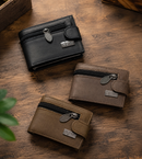 Premium Men’s Mini Leather Wallet With Zipper & Button - Black